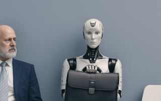 Hombre y robot esperando en una sala con sillas vacías, simbolizando el impacto de la inteligencia artificial en el empleo humano.